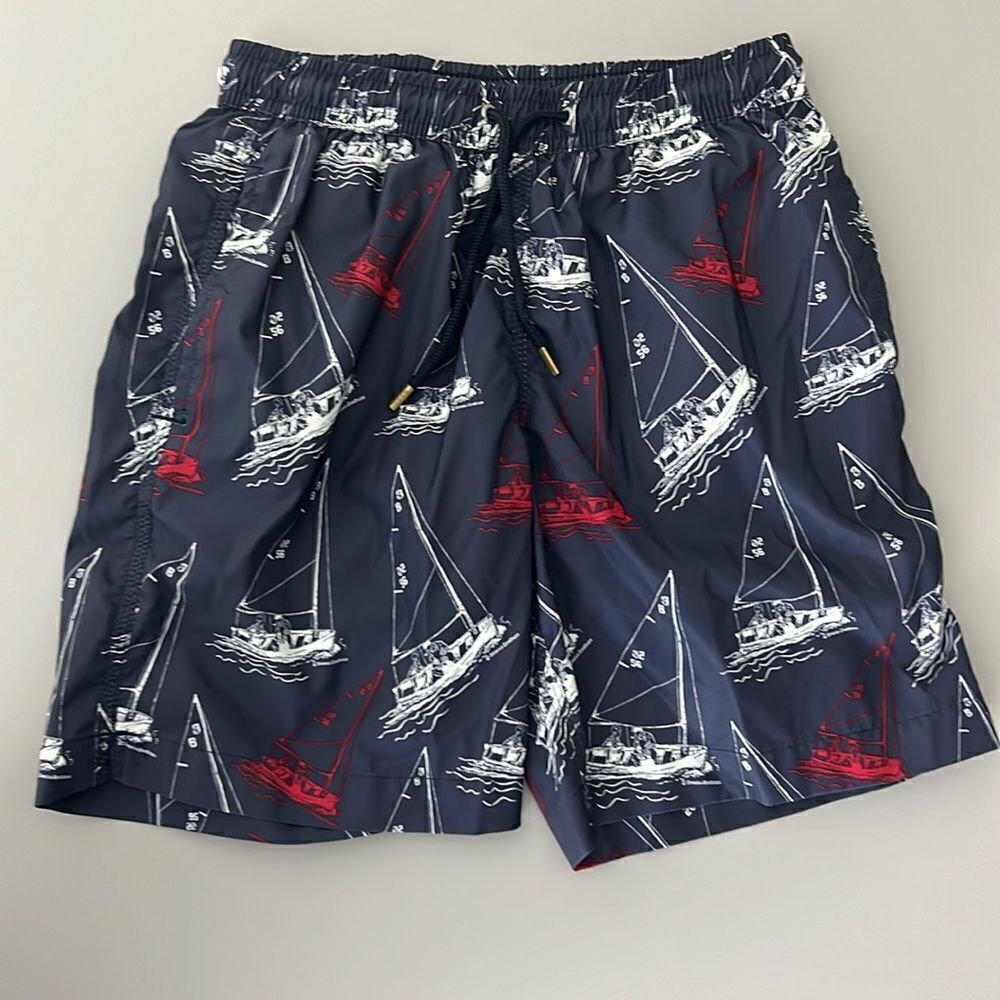 Brooks Brothers Boys Sailboat Print Swim Trunks Size M - Picture 2 of 7